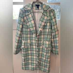 W.D.N.Y Blue White Black Tweed Open Front Coat Jacket Long Blazer Size 4